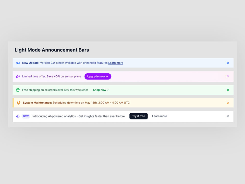 Announcement Bar UI Design for Websites – Fully Figma Compatible, Copy and Paste Ready