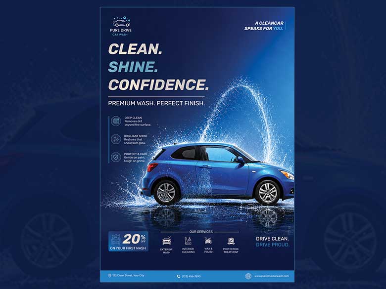 Download Car Wash Service Poster PSD | Fully Editable Adobe Photoshop Advertising Template