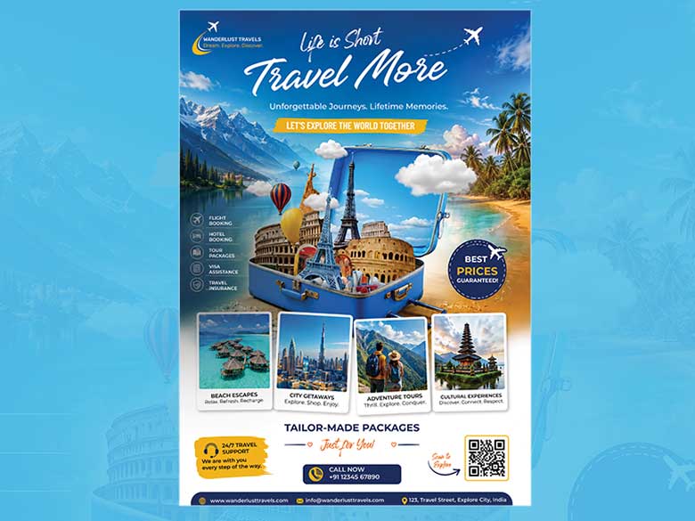 Download Travel Agency Poster PSD | Fully Editable Adobe Photoshop Tour & Travel Advertisement Template