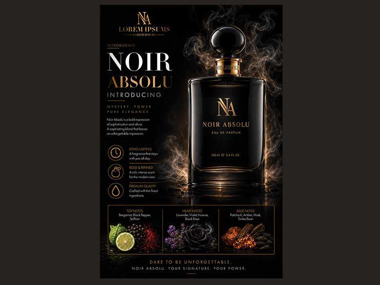 Luxury Black Perfume Poster | Noir Absolu Eau de Parfum Advertisement | Premium Men's Fragrance, Long-Lasting Scent & Modern Perfume Wall Art