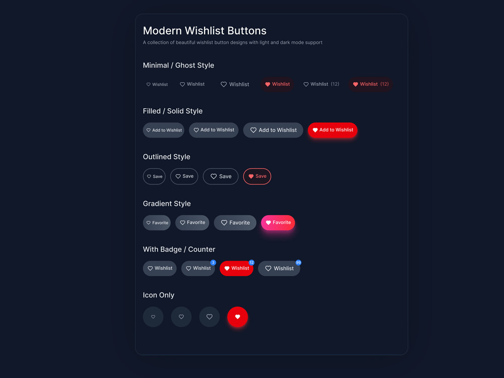 Modern Wishlist Buttons Dark Mode: Figma-Ready Ecommerce Glow