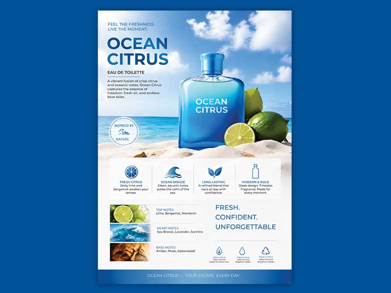 Ocean Citrus Perfume Poster | Fresh Citrus Eau de Toilette Advertisement | Luxury Fragrance Product Display & Modern Perfume Wall Art