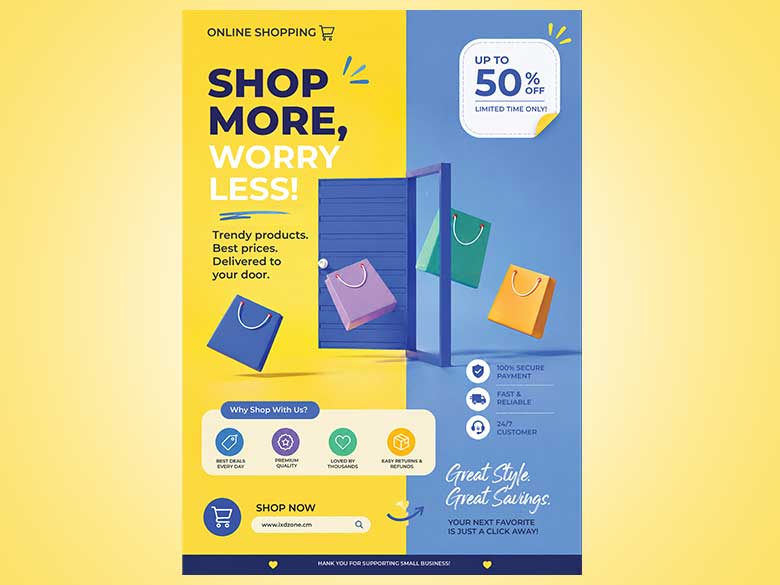 Online Shopping Sale Poster | E-Commerce Promotional Banner | Shop More Save More, Discount Offers & Retail Marketing Design