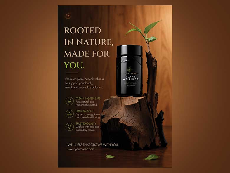 Plant-Based Wellness Supplement Poster | Natural Herbal Capsules Advertisement | Organic Health, Vegan Nutrition & Premium Wellness Product Display