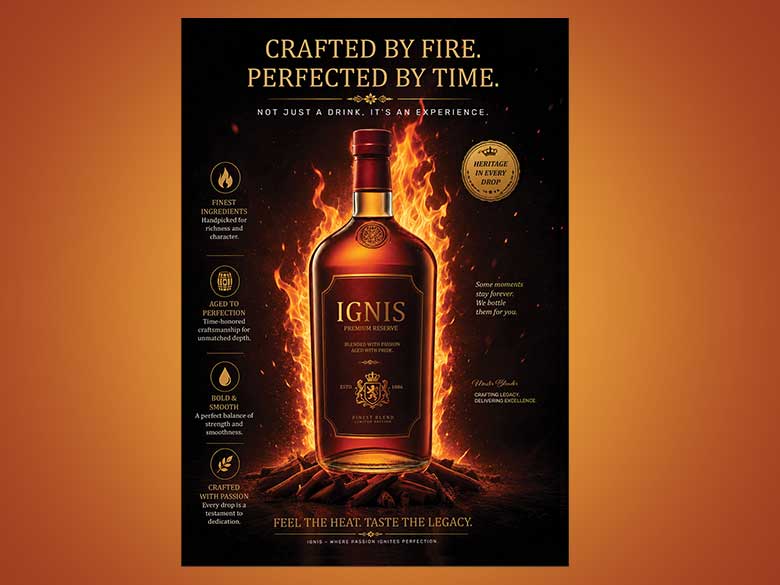 Premium Whiskey Bottle Advertisement Poster | Luxury Whisky Brand Promotion | Aged Reserve Spirit, Distillery Marketing & Elegant Bar Wall Art