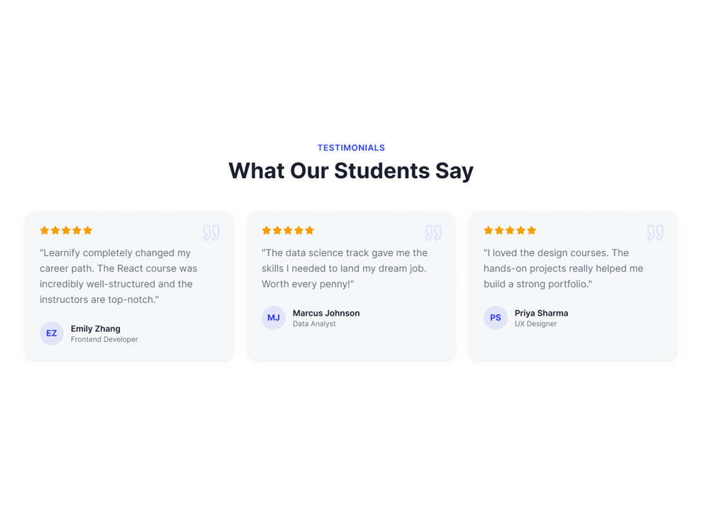 Student Testimonials Figma EdTech Reviews Section