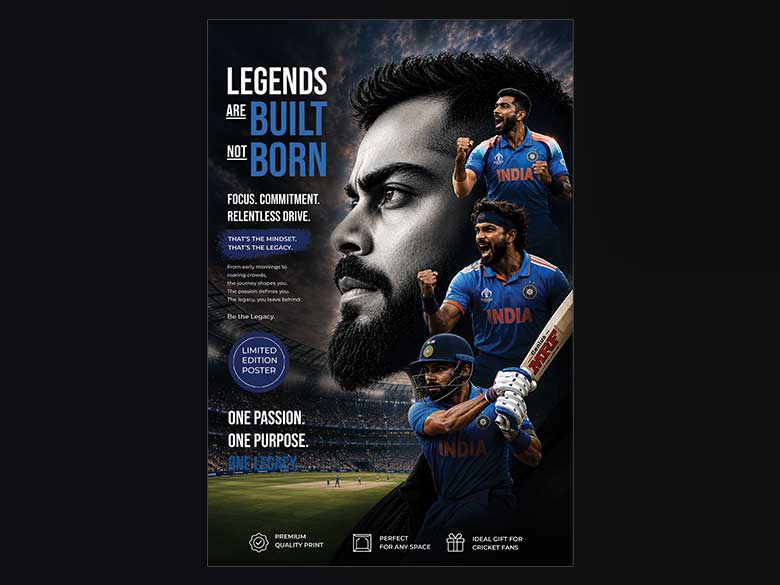 Virat Kohli Motivational Cricket Poster | Legends Are Built Not Born | Premium Indian Cricket Wall Art for Fans
