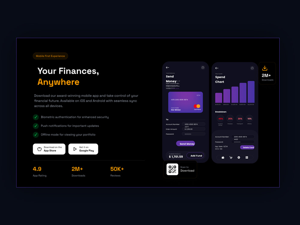 Your Finances Anywhere: Fintech Website Section Designs